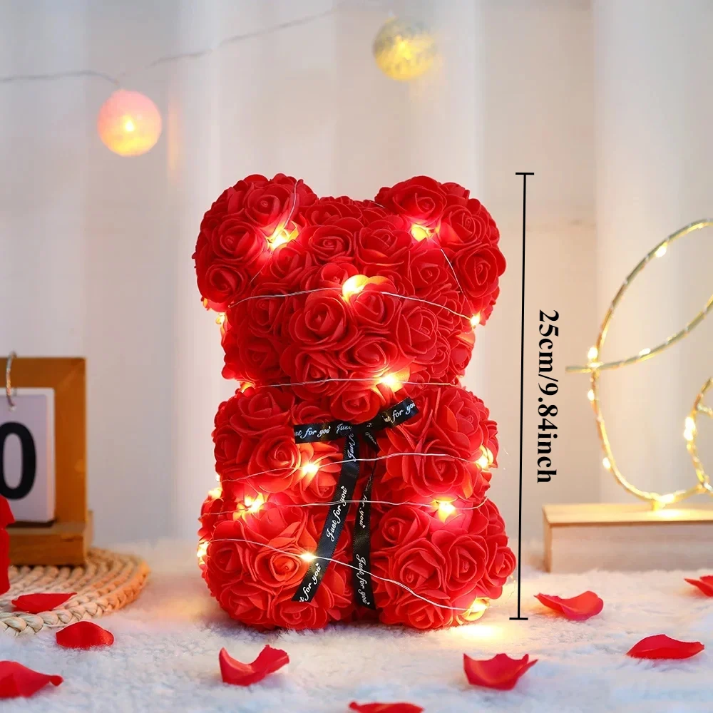 Valentijnsdag Kunstmatige Teddy Rose Bloem Beer met Doos Romantisch Cadeau Vriendin Vrouwen Moeder Verjaardag Bruiloft Deco 25cm