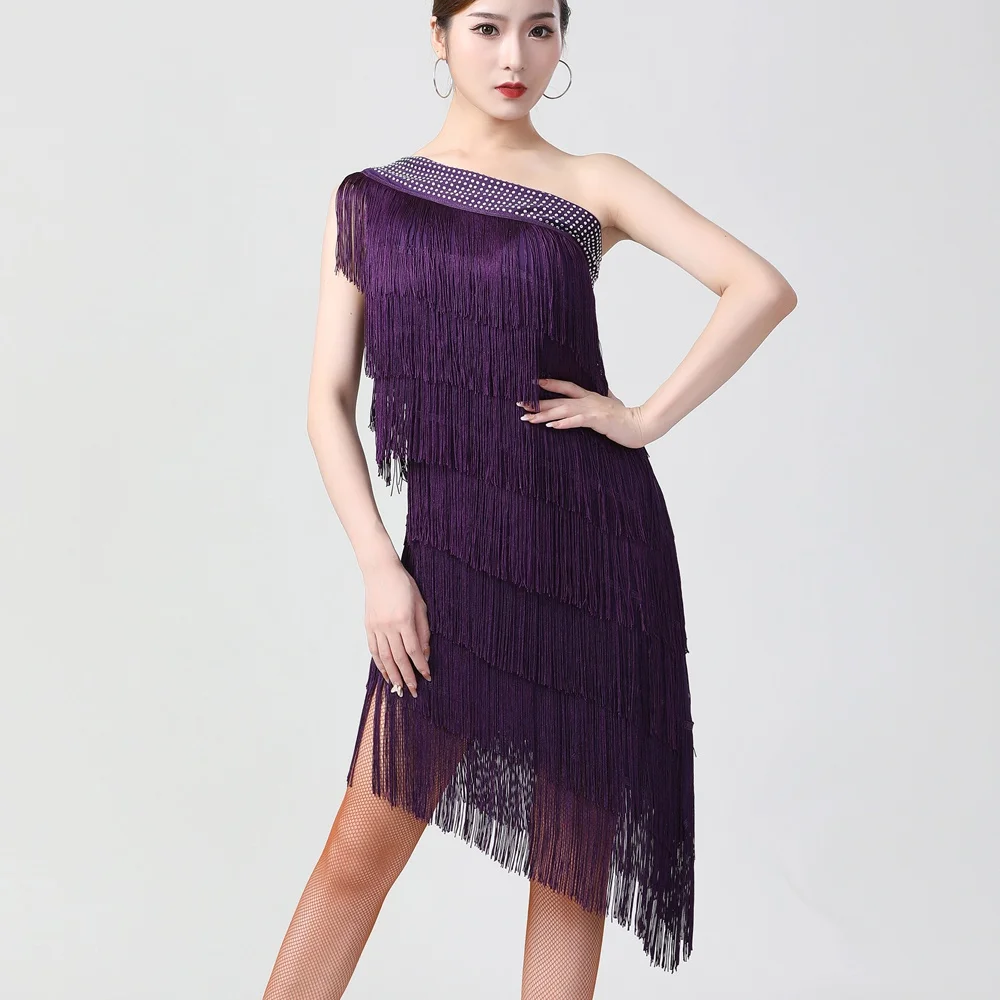 ผู้หญิง Elegant One Shoulder ชุดเต้นรำละตินผู้ใหญ่เซ็กซี่ Sequins พู่ Rumba Cha Cha Ballroom Dancewear