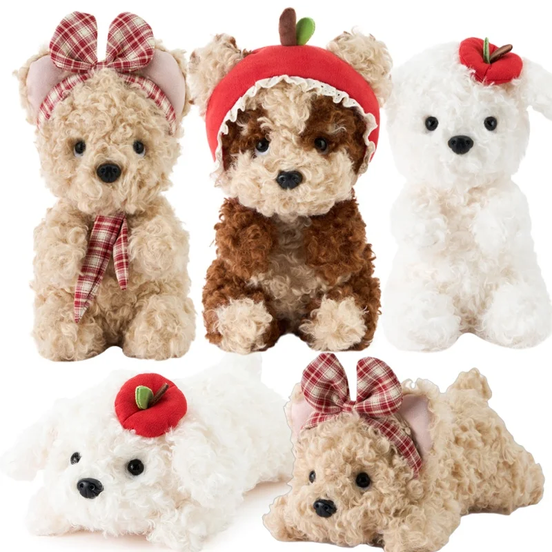 Vintage Style Bowtie Puppy Dog Plushie Stuffed Animals Apple Cap Dog Plush Toys for Kids Birthday Gift Room Decor Dolls