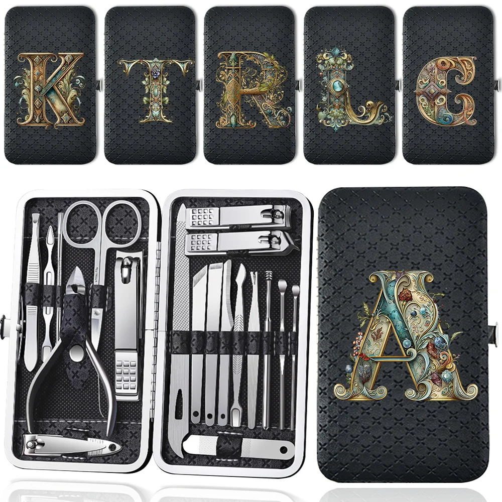 

Versatile 19 Pcs Nail Clippers Set Storage Box Portable Nail Clippers Set Home Nail Trimmers Tools Kit Graphic Letter Pattern