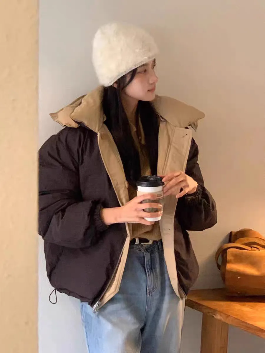   เสื้อแจ็คเก็ตขนห่านแบบสวมใส่ได้สองด้านสำหรับฤดูหนาวปี 2025 ทรงหลวม มีฮู้ด ซิป ผ้าไนลอน สไตล์ลำลอง แขนยาว