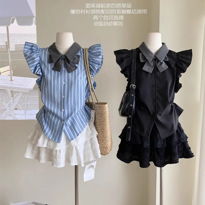 

Academy Sweet Stripe Shirt Cake Skirt Two Piece Set Women Flying Sleeves Bow Splice Korean Fashion Lapel Slim Summer Spicy Suit