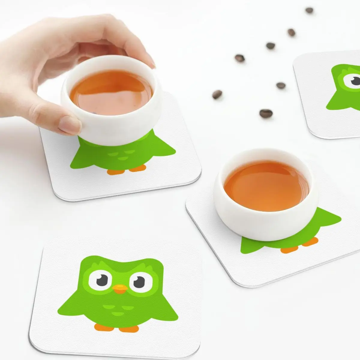 

Подставки Duolingo Owl Duo, кухонные салфетки, водонепроницаемые изоляционные коврики для чашек, кофейные коврики для декора, домашняя посуда, подушечки, набор из 4 шт.