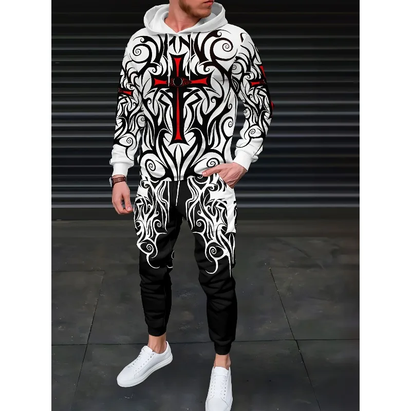 2025 Conjunto de sudadera con capucha de moda para hombre, pantalones con capucha de dos piezas, elementos impresos en 3D de estilo deportivo