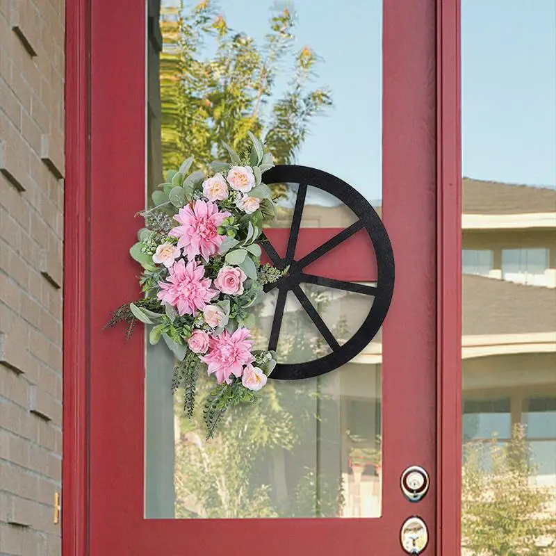 Spring Wreath For Front Door Pink Silk Flowers And Green Leaves Wheel Wreath 17 Inches Artificial Door Wreath With Pink Flowers