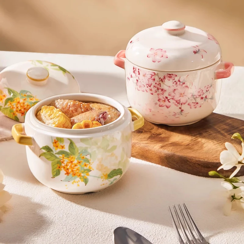 Double-Handle Ceramic Stew Pot with Lid Nutrient-Lock Design Thickened Soup Cooker Steam-Resistant Home Water Bath