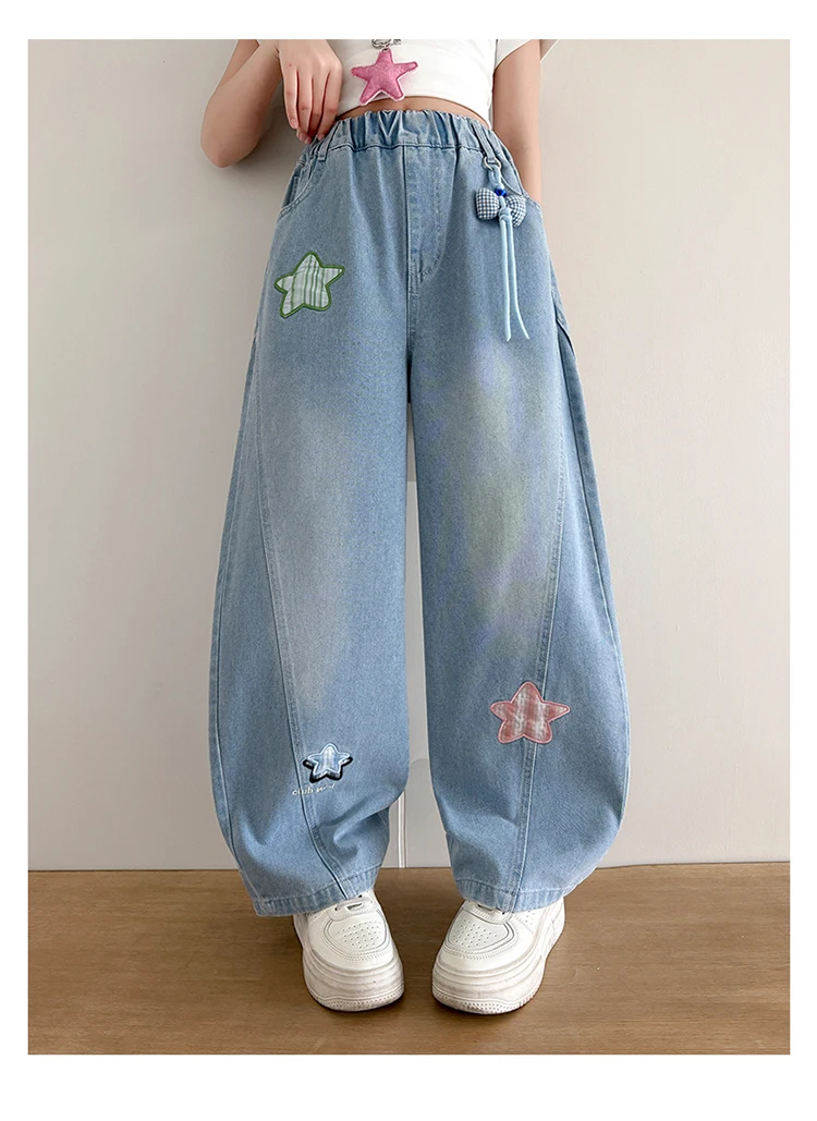 Neue Trendige Kinder-Jeans mit Anhänger für Teenager-Mädchen, Modische Street-Denim-Hosen, Kinder-Trendjeans 5-14 Jahre – Detail 5