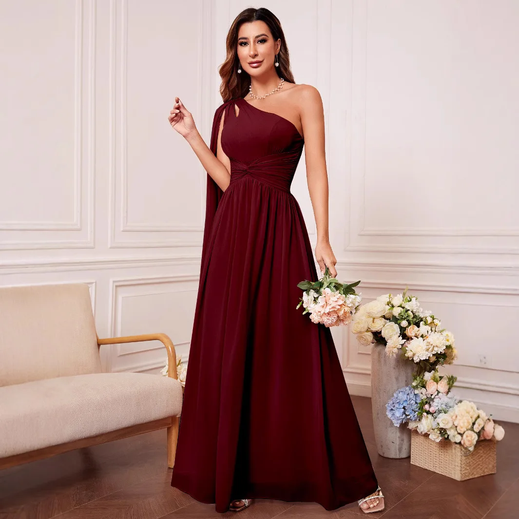 

Ele Новое летнее трансграничное женское вечернее платье из шелкового жоржета с асимметричным воротником и низкой талией из бархатной ткани