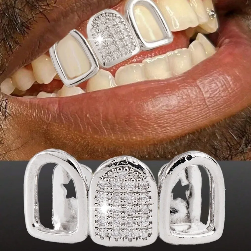 Hip Hop Gold Silver Color Teeth Grillz Alloy Star Hollow Dental Caps 3 Teeth CZ Zircon Body Jewelry Unisex