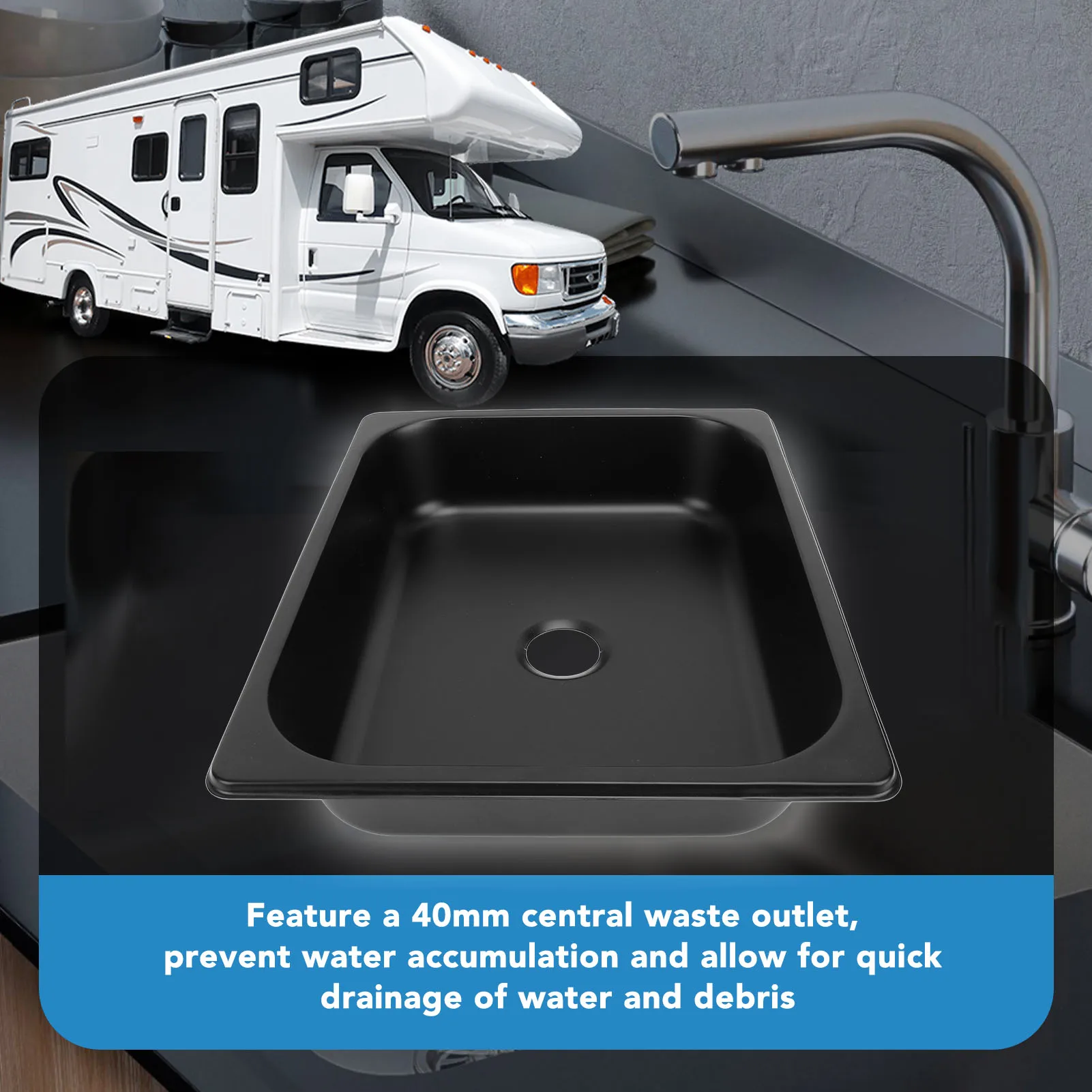 RV Sink 304 Stainless Steel Efficient Drainage Square Kitchen Bathroom Wash Sink with 40mm Outlet for Caravan Motorhome Boat