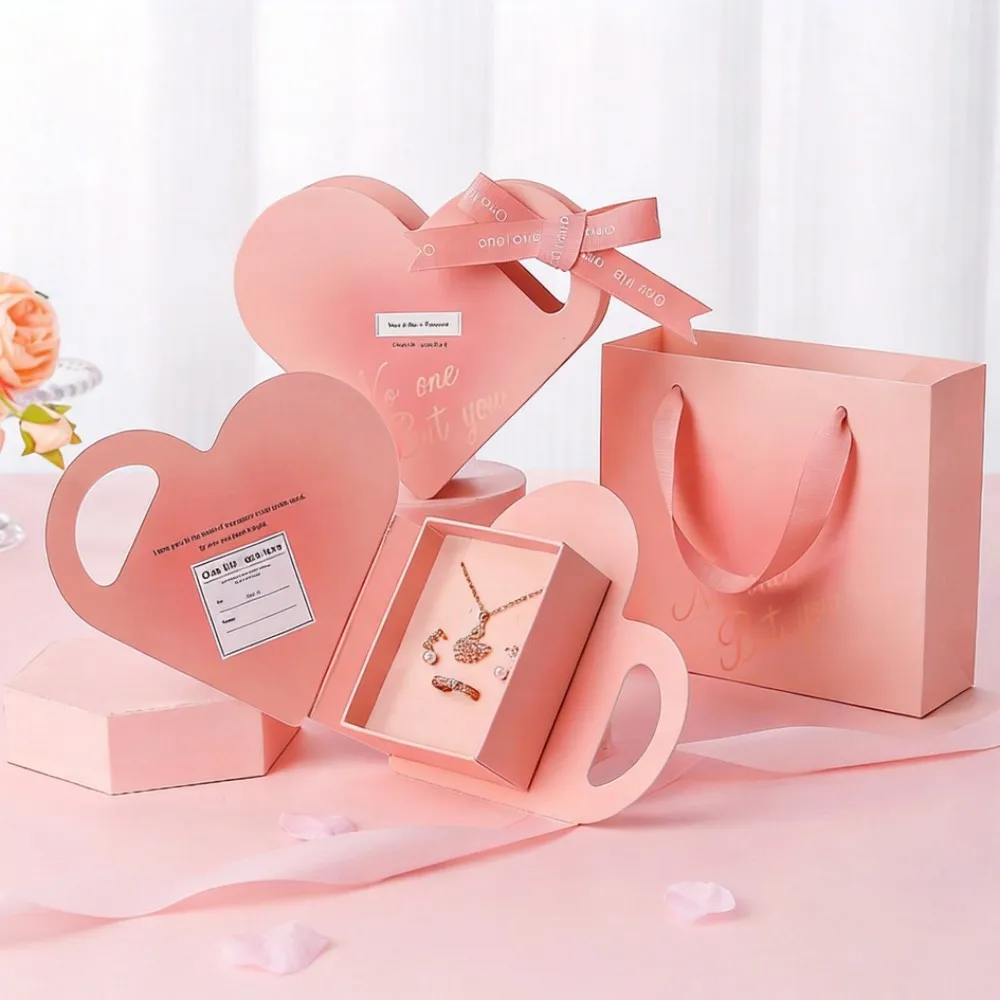 Romantic Heart-shaped Jewelry Gift Box With Ribbon Bow Matching Gift Bag for Valentine's Day Wedding Anniversary Jewelry Packagi