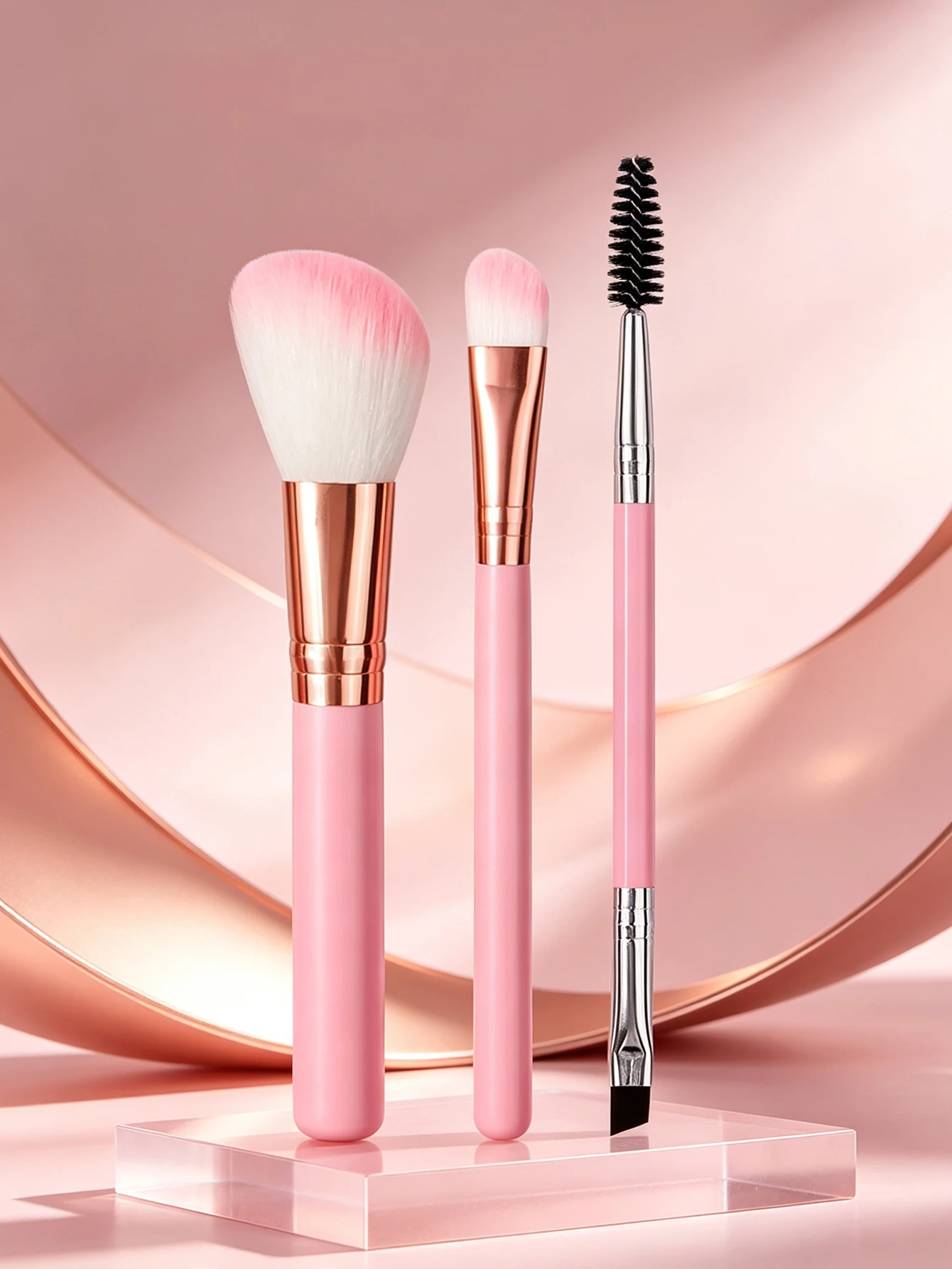 3-piece set of pink makeup brushes blush brush, eyeshadow brush, double-ended eyebrow brush, spiral eyebrow comb, mascara brush
