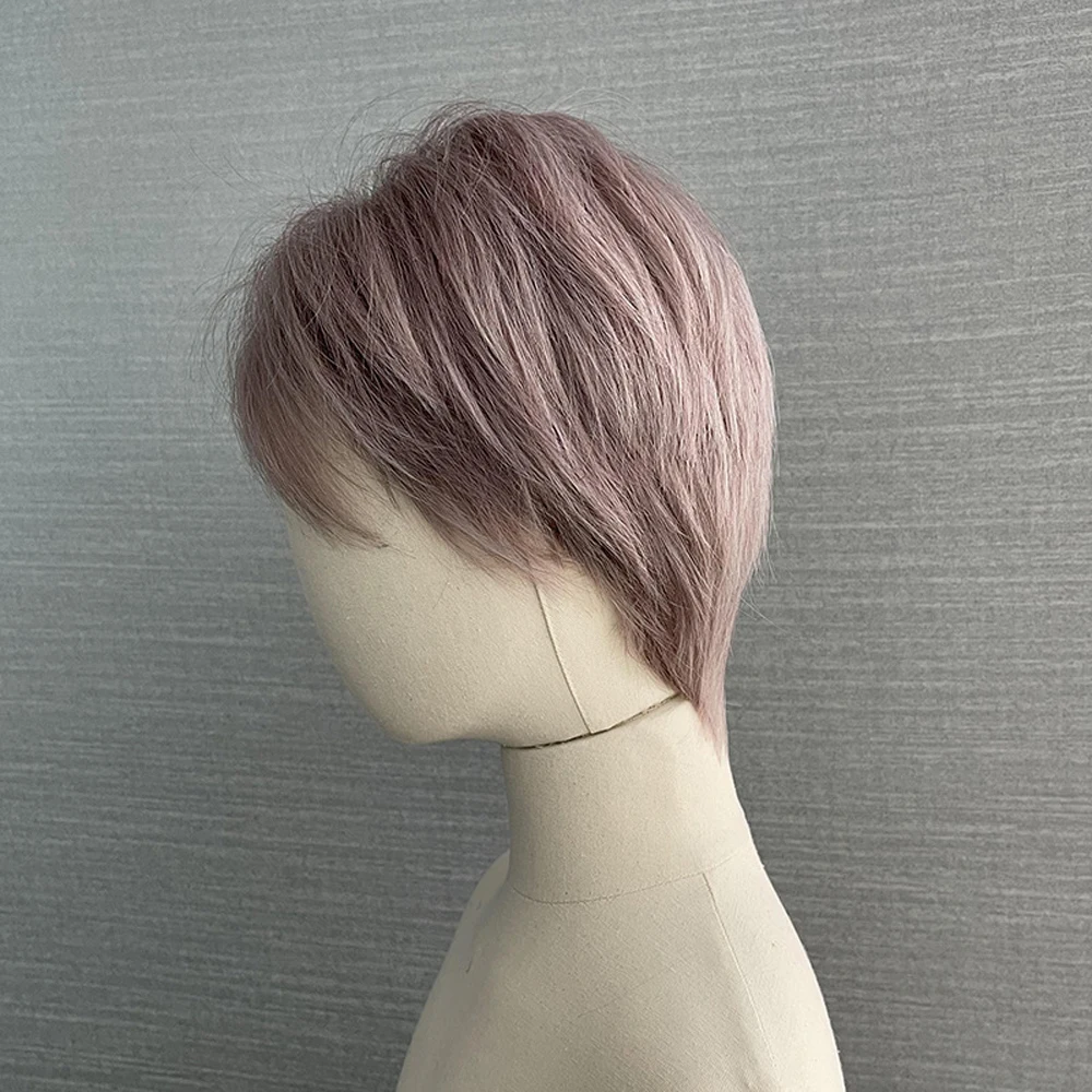 Wig lurus pendek Pria, Wig Cosplay halus tahan panas dengan poni sintetis untuk pesta sehari-hari