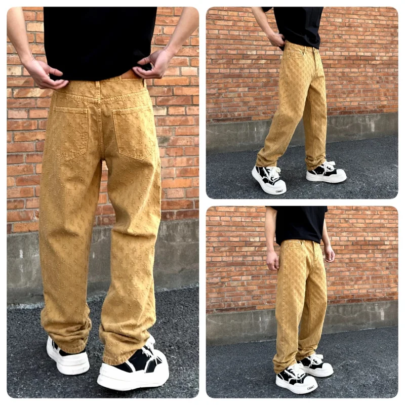 fashion khaki washed denim jeans for men, American hip-hop trend, casual street wear, men's retro loose high-end denim pants