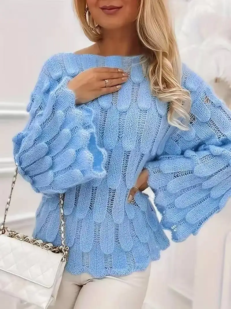 Autumn Winter Chic Feather Textured Hollow Out Knit Sweater Women Elegant Stylish Long Flare Sleeve Slouchy Versatile Loose Pull 5 Autumn Winter Chic Feather Textured Hollow Out Knit Sweater Women Elegant Stylish Long Flare Sleeve Slouchy Versatile Loose Pull 5