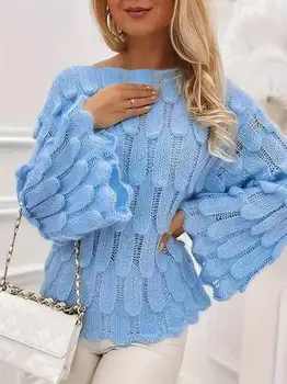 Women's Feather-Textured Hollow-Out Knit Sweater 5 Autumn Winter Chic Feather Textured Hollow Out Knit Sweater Women Elegant Stylish Long Flare Sleeve Slouchy Versatile Loose Pull 5