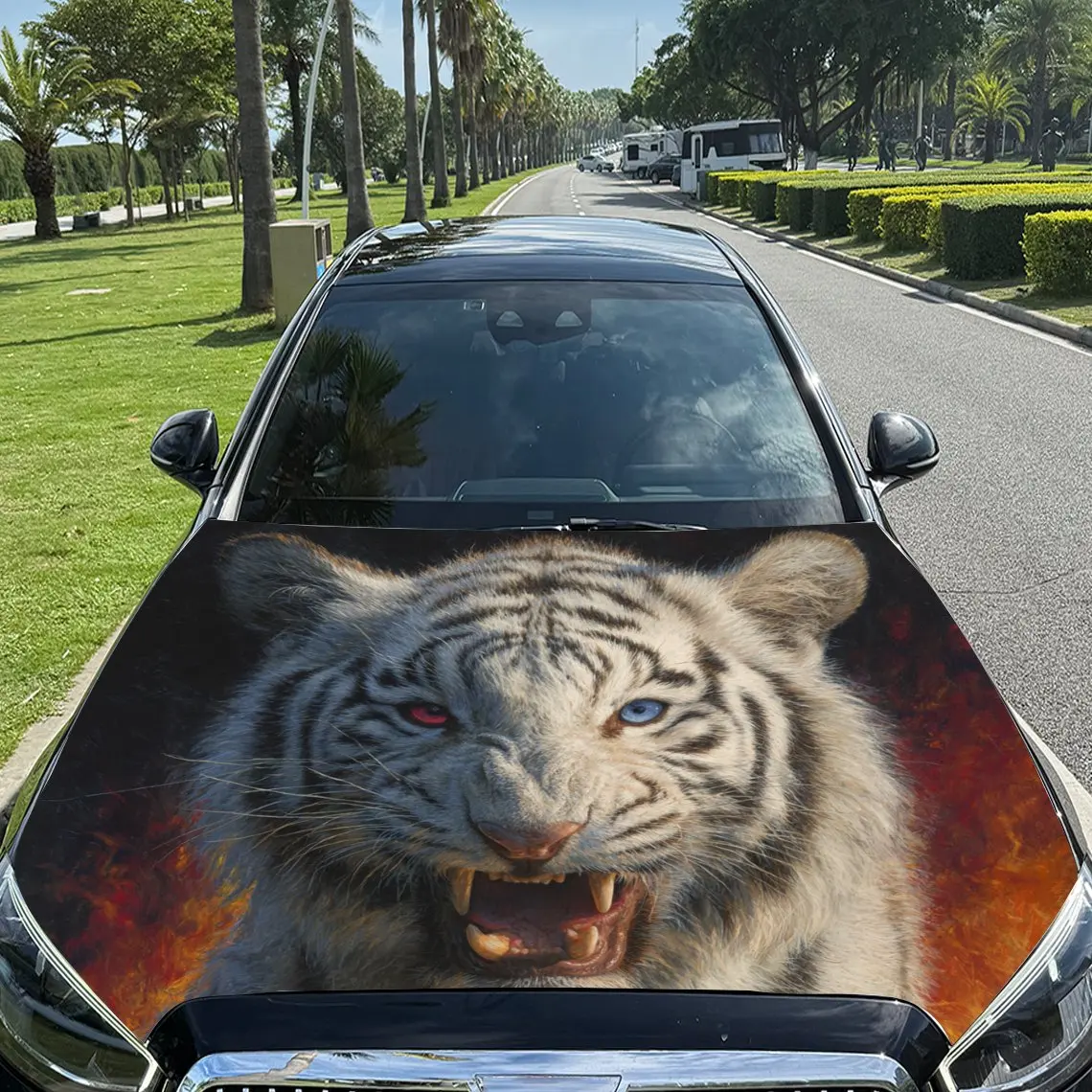 Autocollants de voiture tigre blanc avec thème de feu frappant et autocollant de capot de voiture d'expression agressif, vinyle auto-adhésif imperméable Gr