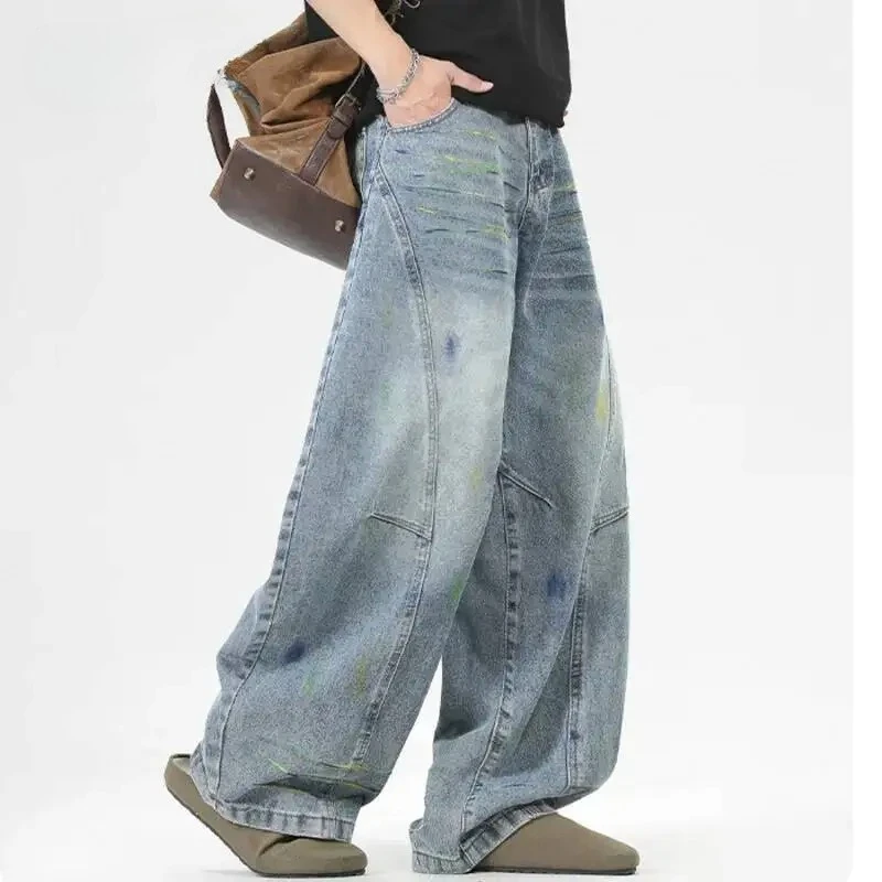 

Retro Men's Washed Jeans Light Blue White Paint Splatter Loose Wide Leg Casual Denim Long Pants Summer Trousers