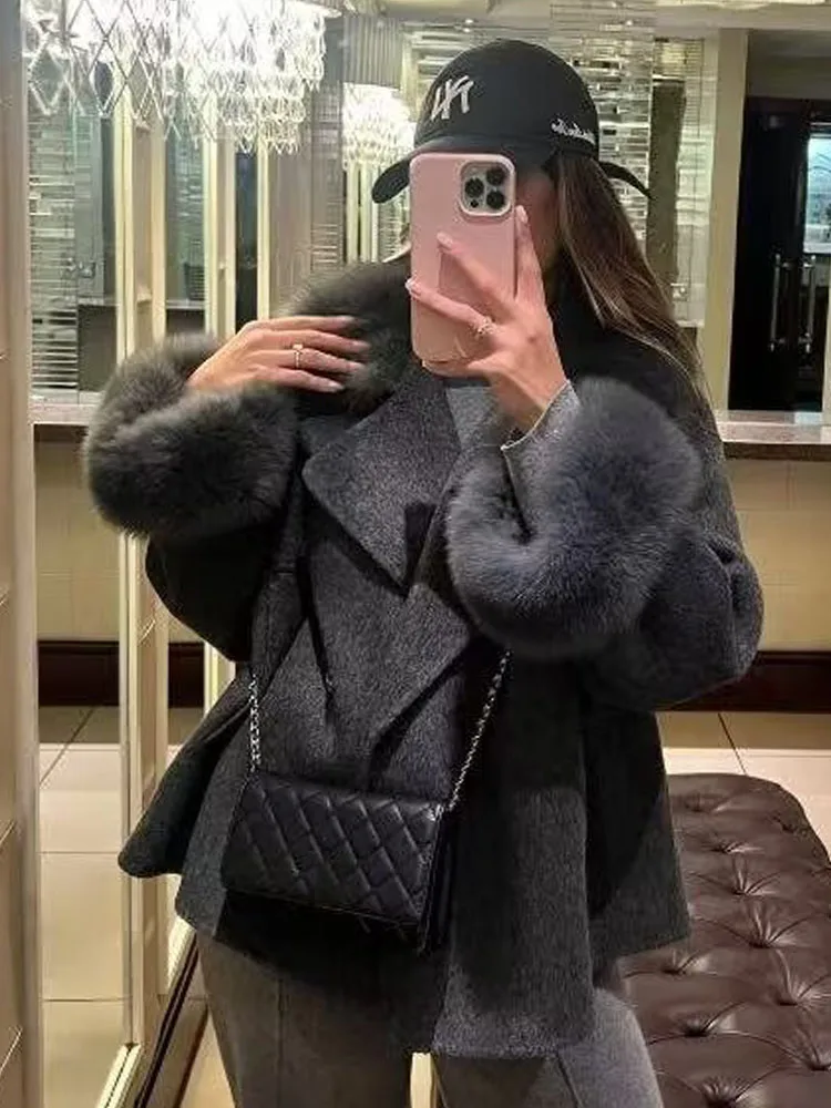 

HH Women Winter Fashion Retro Versatile Fur Collar Short Jacket Female Chic Elegant High Street Casual Pocket Long Sleeve Coat