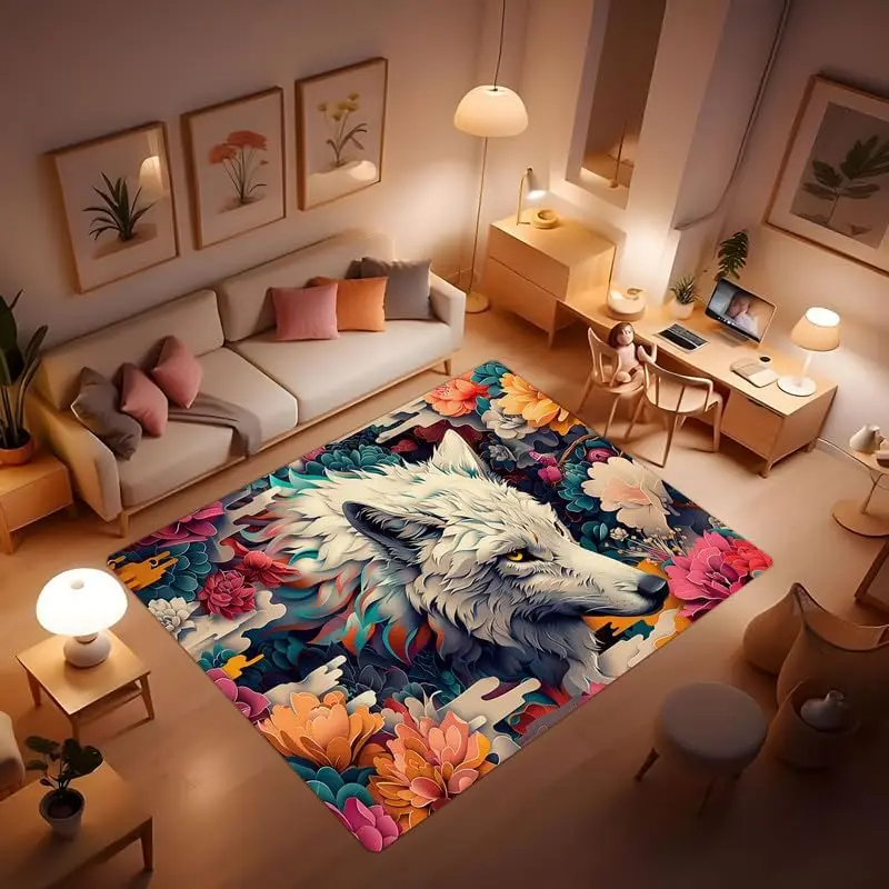 Wolf Area Rug Bedroom Area Rug Animal Theme Rug Home Decor Super Soft Floor Mat Living Room Door Mat, Wolf Howling Pattern