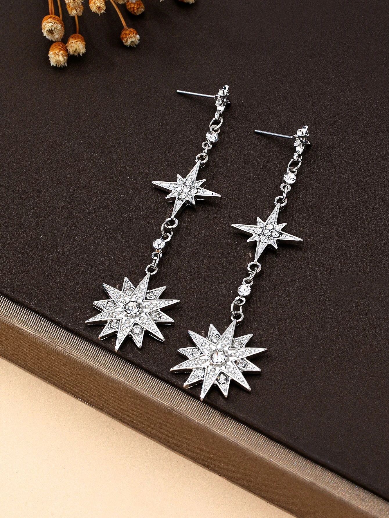 Silver-Plated Multi-Layer Full Diamond Star Long Dangle Earrings for Women, Chain Octagonal Star Earrings, Shiny Wedding Evening Party Earrings