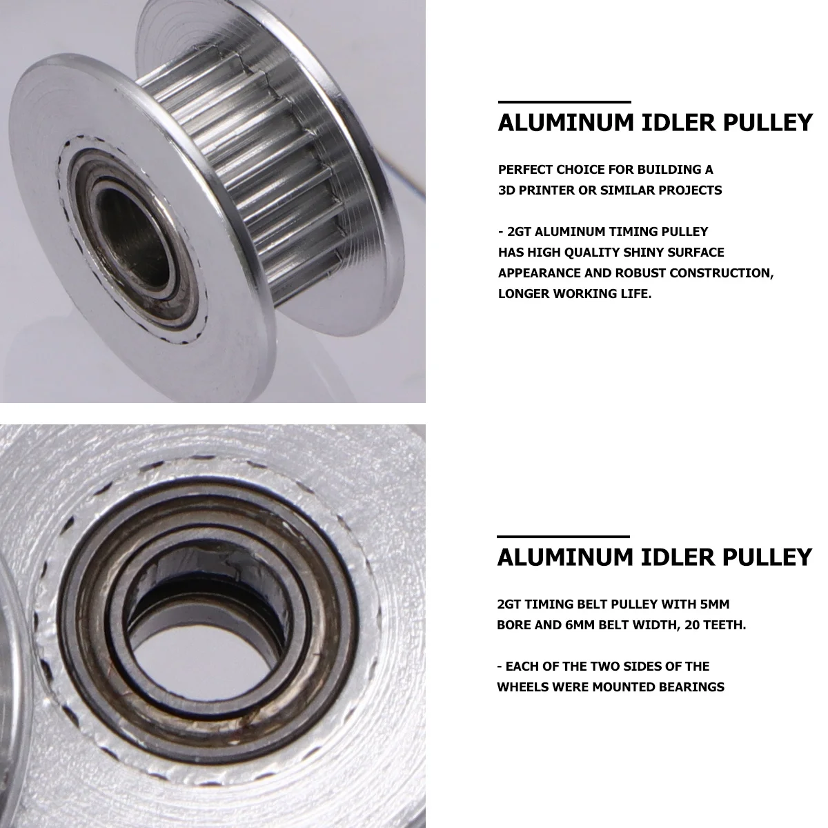 5Pcs 2Gt Synchronous Wheel for 3D Printer 20 Teeth 5Mm Bore Aluminum Idler Pulley with Dual Bearings Long Life Performance