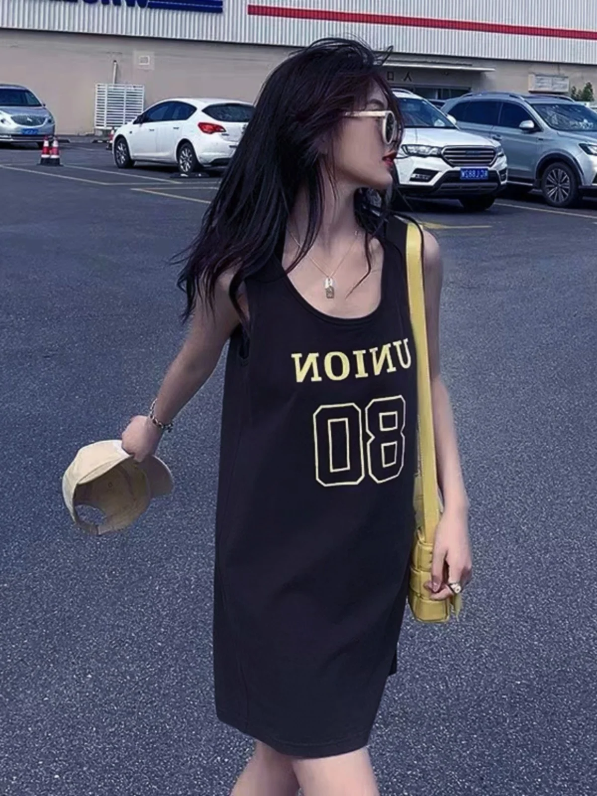 Summer Sleeveless Vest Strap Home Clothes Women's Medium Length T-shirt Sleepwear Street Trend Outerwear Cotton Blend round Neck