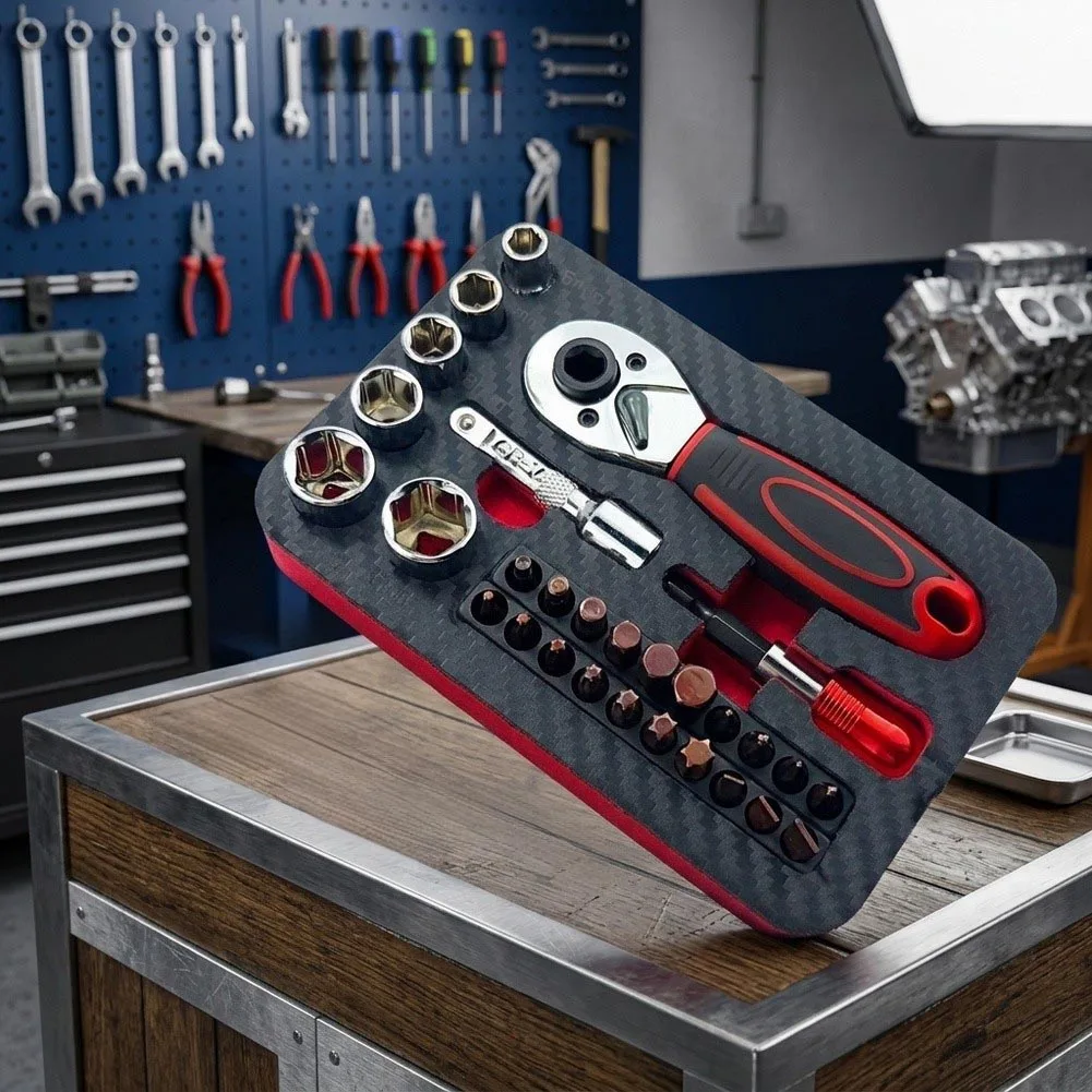 29pcs 1/4 Drive Ratchet Wrench Socket Set With Screwdriver Bits High Carbon Steel For Auto Repair And Household Maintenance Tool