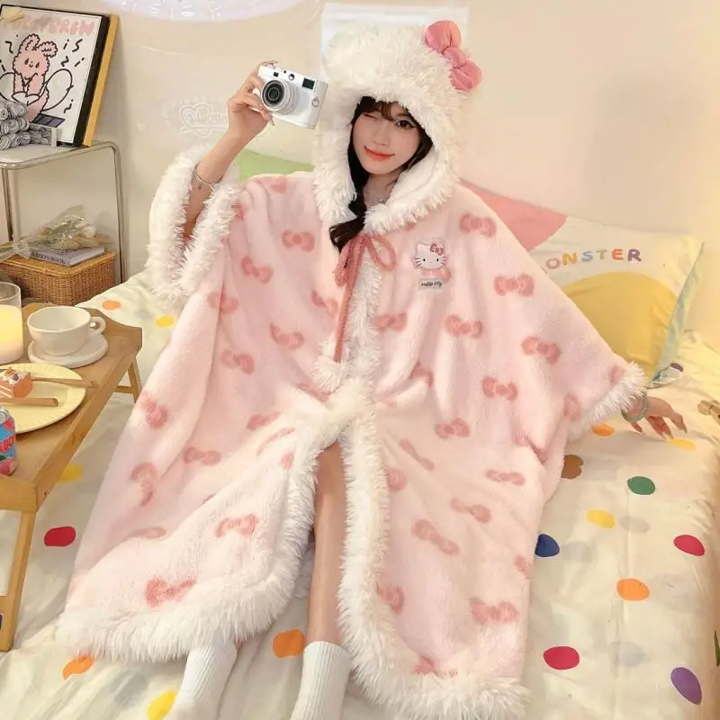 Cute Cartoon Hellokitty Pajamas Sleeping Robes Women's Autumn and Winter Coral Velvet Thickened and Velvet Cloak Home Clothes