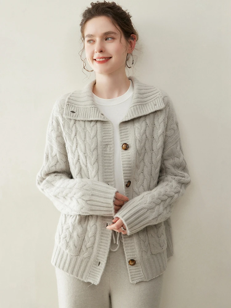 

100% Pure Cashmere Autumn Winter Women's Standing Collar Twist Flower Thickened Cardigan Sweater Light Luxury Office Lady Jacket