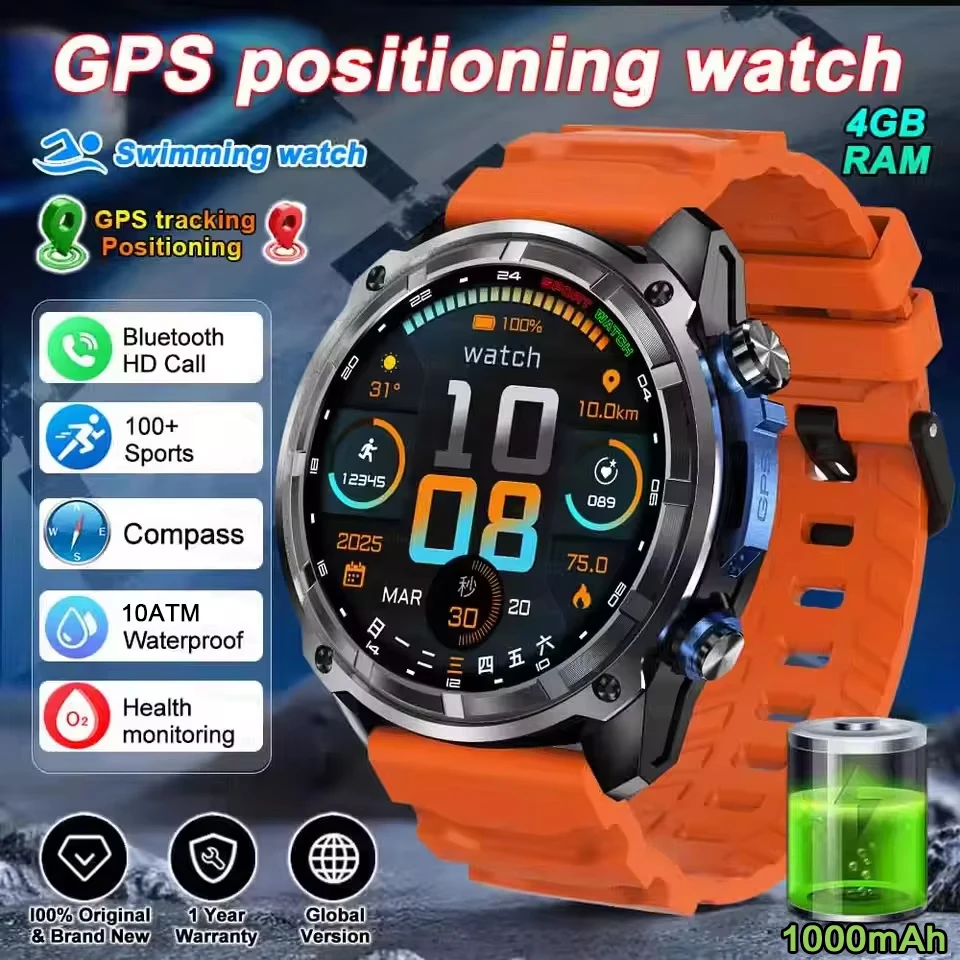 2025 Militaire offline kaart 1000 mAh batterij Smart Watch 4 GB groot geheugen GPS-navigatie MP3/MP4-speler Zwemmen Sport trackr Smartwatch