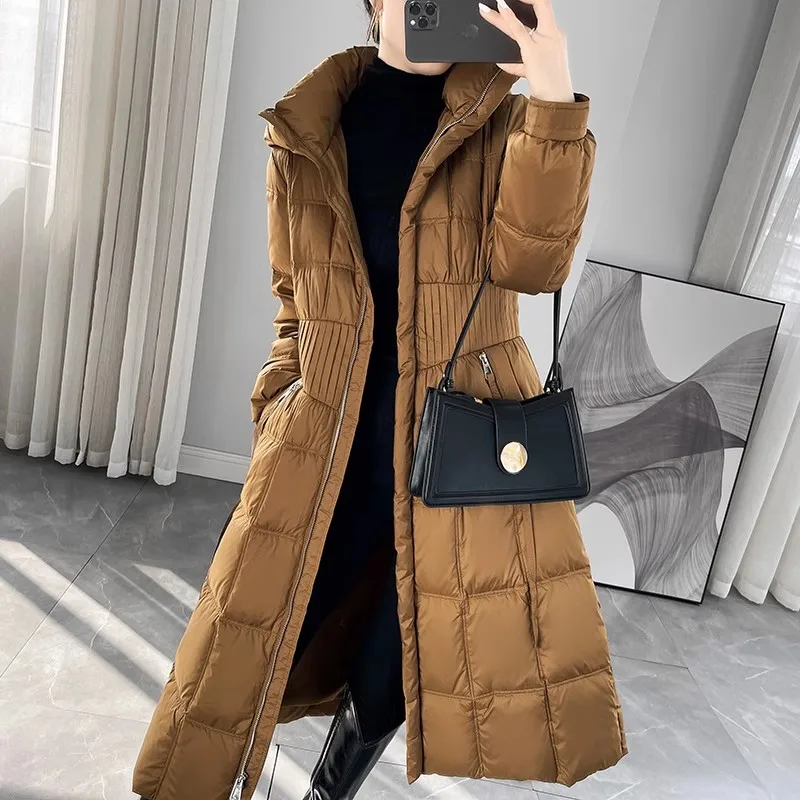 Caramel color Hooded Down Jacket Women 2024 Winter New Fashion Slim Temperament White duck down Coat Female Warm Parkas Overcoat