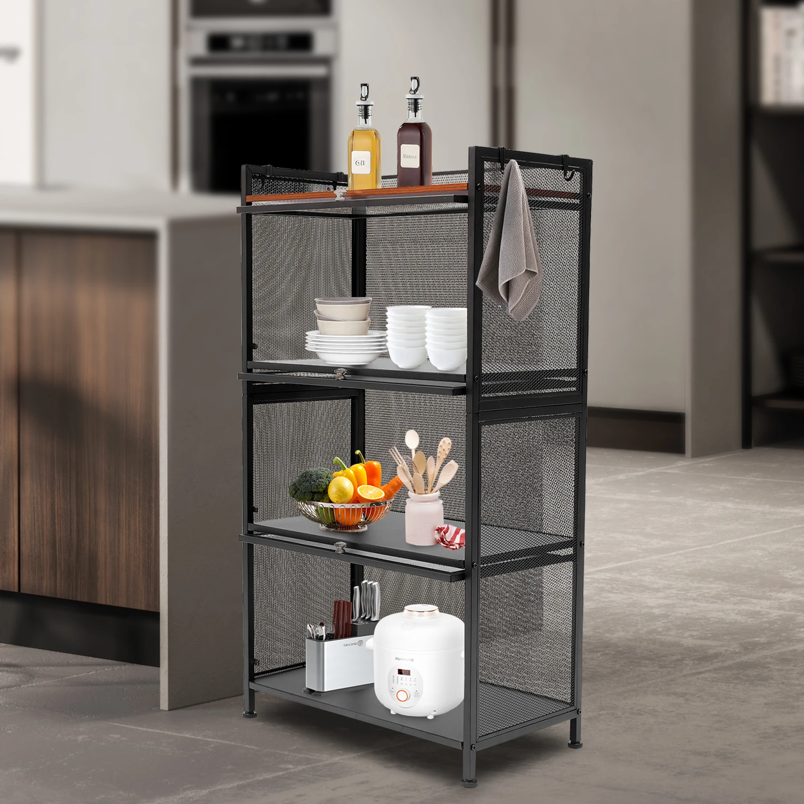 4 Tier Pantry Storage Cabinet Utility Kitchen Cutlery Cabinet with Dust-Proof Cabinet Doors 4 Hooks