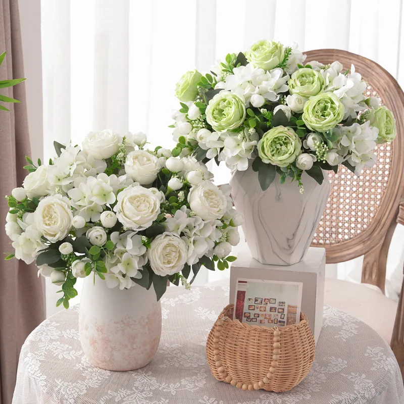 

Bouquet of artificial flowers silk peony 9 heads white roses for wedding decoration wholesale