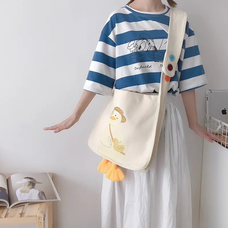 Japanese Cute Duck Canvas Shoulder Bag Print Animal Stereo Duck Student Crossbody Bag Handbags for Women