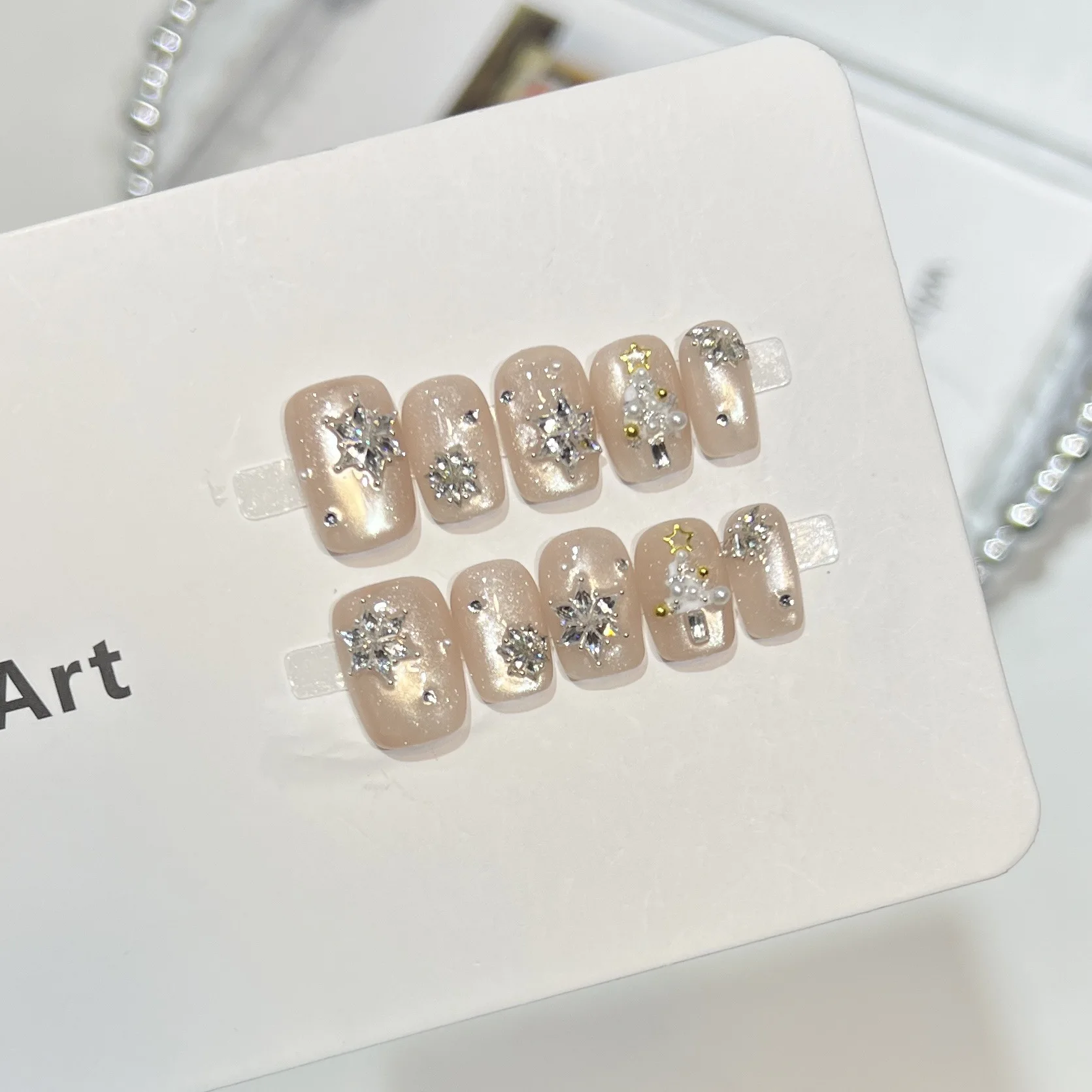 10개입 크리스마스 파티 짧은 스퀘어 발레 네일 팁 아트 눈꽃송이 라인스톤 진주 디자인 재사용 가능한 네일 스티커 아크릴 네일