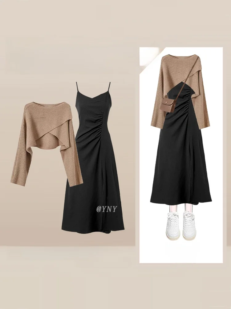 ชุดเสื้อถักไหมพรมไซส์ใหญ่สำหรับฤดูใบไม้ร่วง ผู้หญิงทรงหลวม เสื้อครอปเอวเข้ารูป กระโปรงยาว สไตล์ลำลอง แฟชั่นอเนกประสงค์