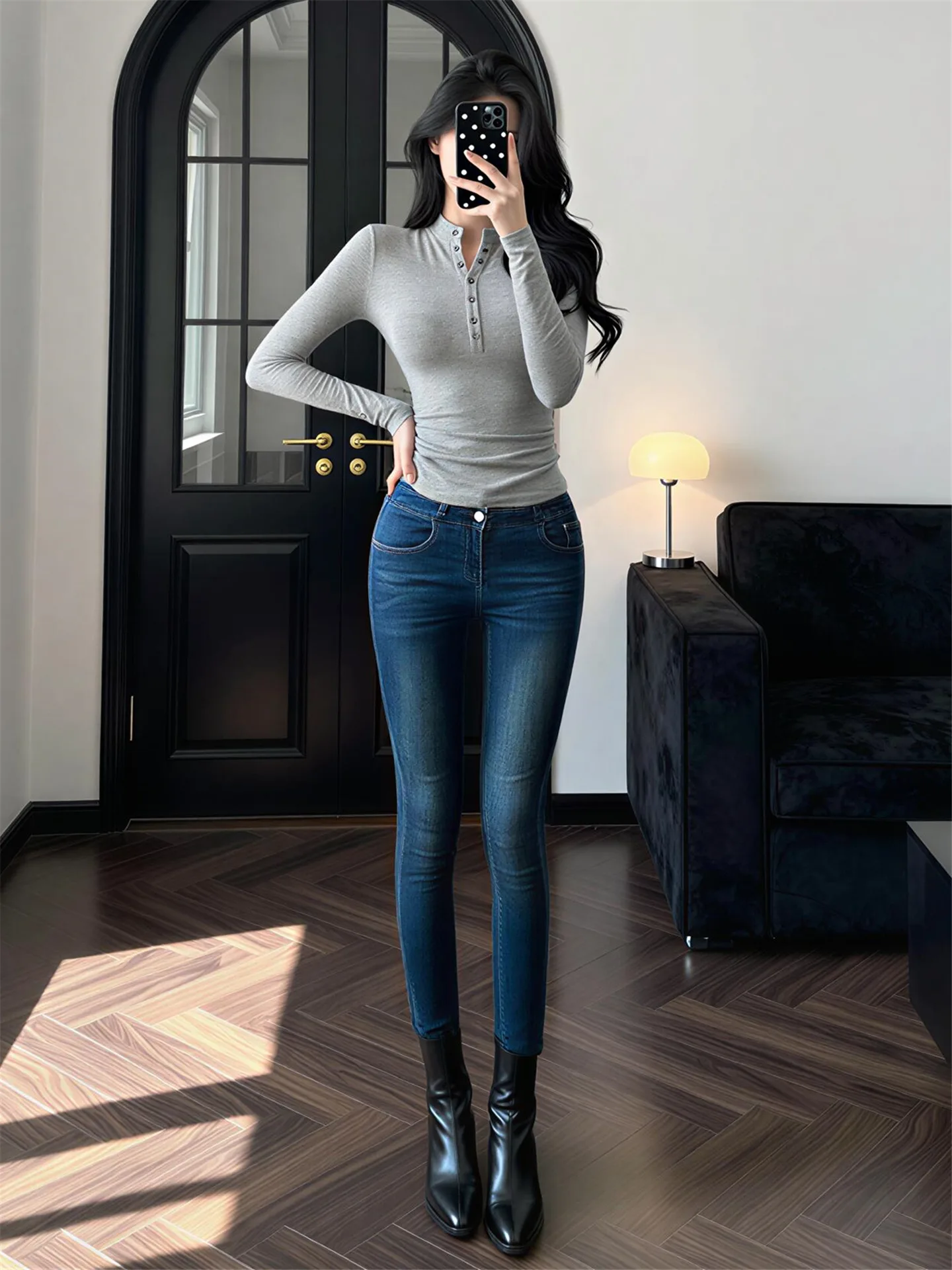 

High Waist Slim Fit Blue Jeans Women's Spring Autumn Long Vintage Small Footed Bootcut Cotton Casual Comfortable Jeans
