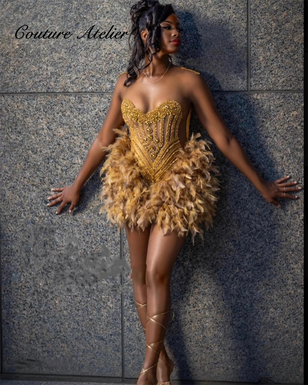 

Платье для выпускного вечера со стразами и золотыми бриллиантами, перья Русалка, блестящие кристаллы, стразы, бусины, коктейльное платье для дня рождения, выпускного вечера