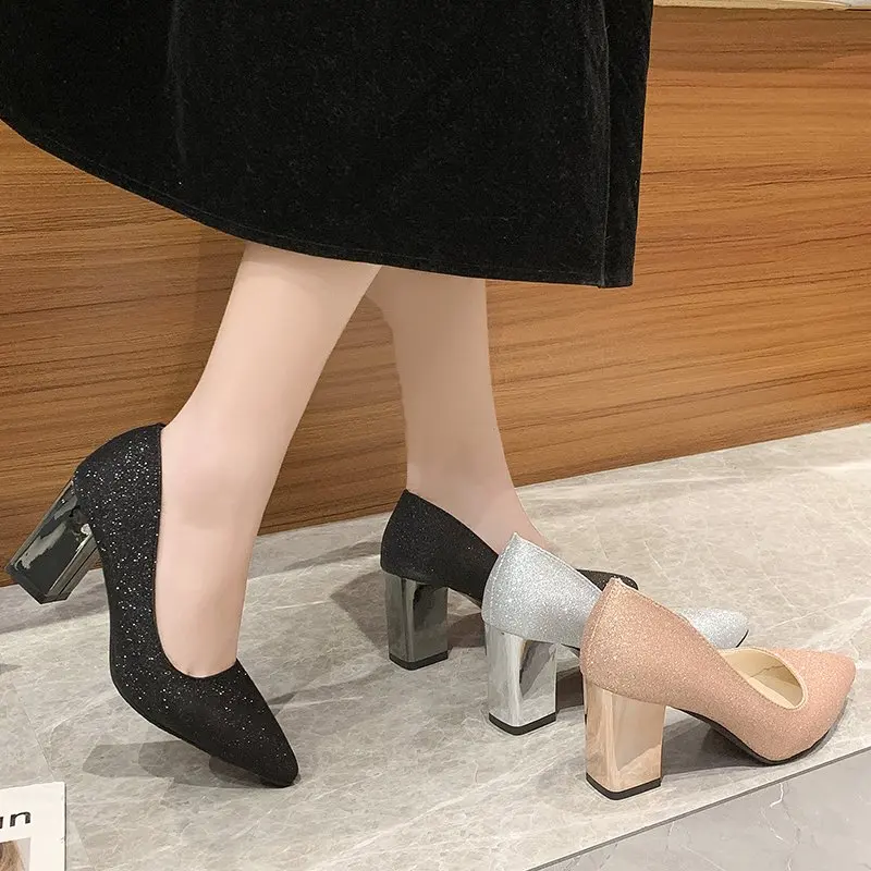 Women New Bling Pumps 7.5cm Square heel Sequined Leather Slip On Mary Janes Pointed Toe High Heel Lady Footwear Plus Size 45 46