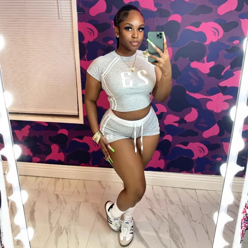 

Letter Print Women Slim Tracksuits 2 Piece Set Color Patchwork O-neck Short Sleeve T-shirts Crop Tops + Shorts Fitness Suits