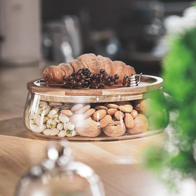 Contenedores creativos de vidrio para almacenamiento de alimentos con tapa de madera, organizador de almacenamiento de artículos diversos para aperitivos, frutas, dulces y nueces