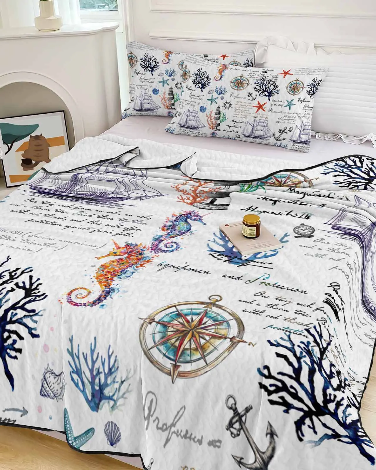 

Marine Plant Coral Sailboat Anchor Summer Cooling Quilt Air Condition Blanket Comfortable Lightweight Bedroom Thin Quilt