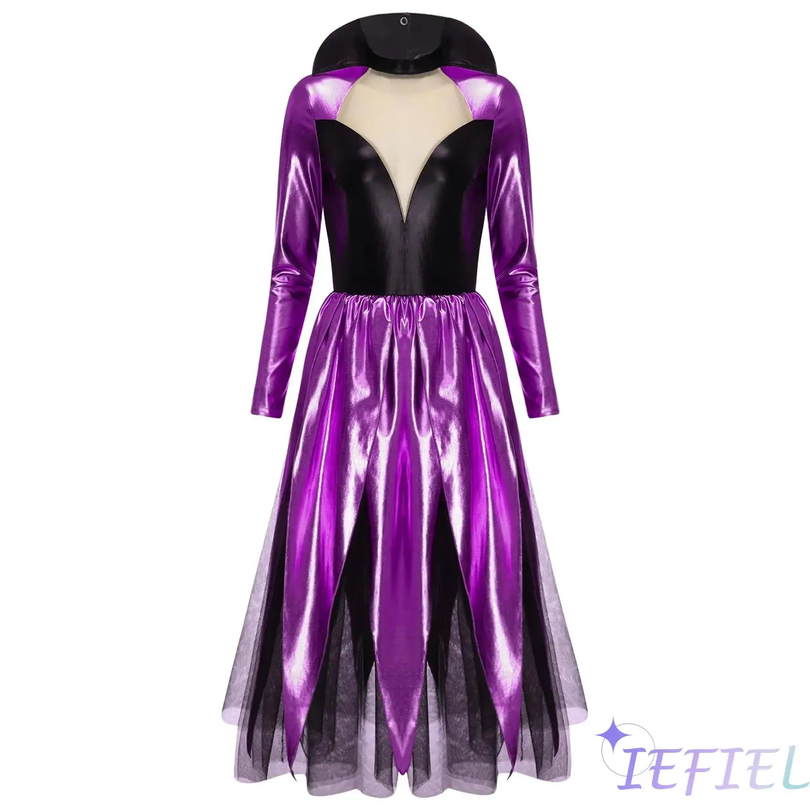 

Womens Halloween Octopus Witch Cosplay Dress Metallic Shiny Contrast Color Backless Hollow Out Dress Fancy Dress-up Costume