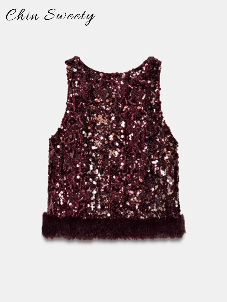 Conjuntos de pantalones y chaleco de plumas empalmados con lentejuelas para mujer, Tops sin mangas con cuello redondo y espalda descubierta, pantalón de pierna ancha, traje de fiesta para primavera 2026