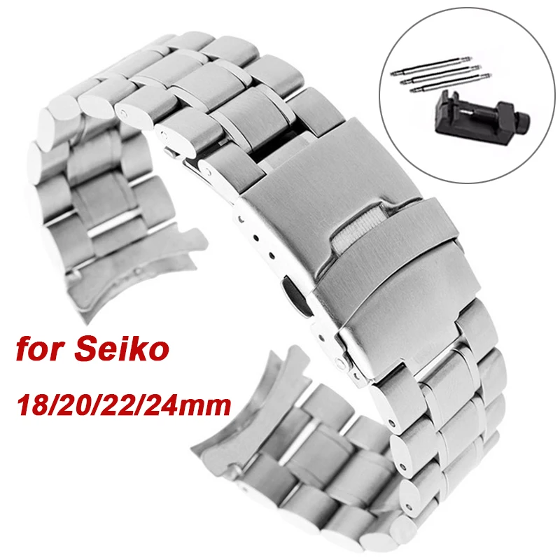 Correa de acero inoxidable sólido 18 20mm 22mm 24mm Metal plateado extremo curvado doble presión hebilla plegable pulsera correa de reloj para Seiko