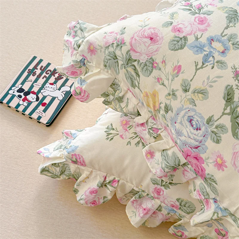 2 Pieces Floral Print Pillow Cover Garden Style Cotton Pillowcase Ruffle Design Pillow Case 1 Pair Bed Pillows Sham