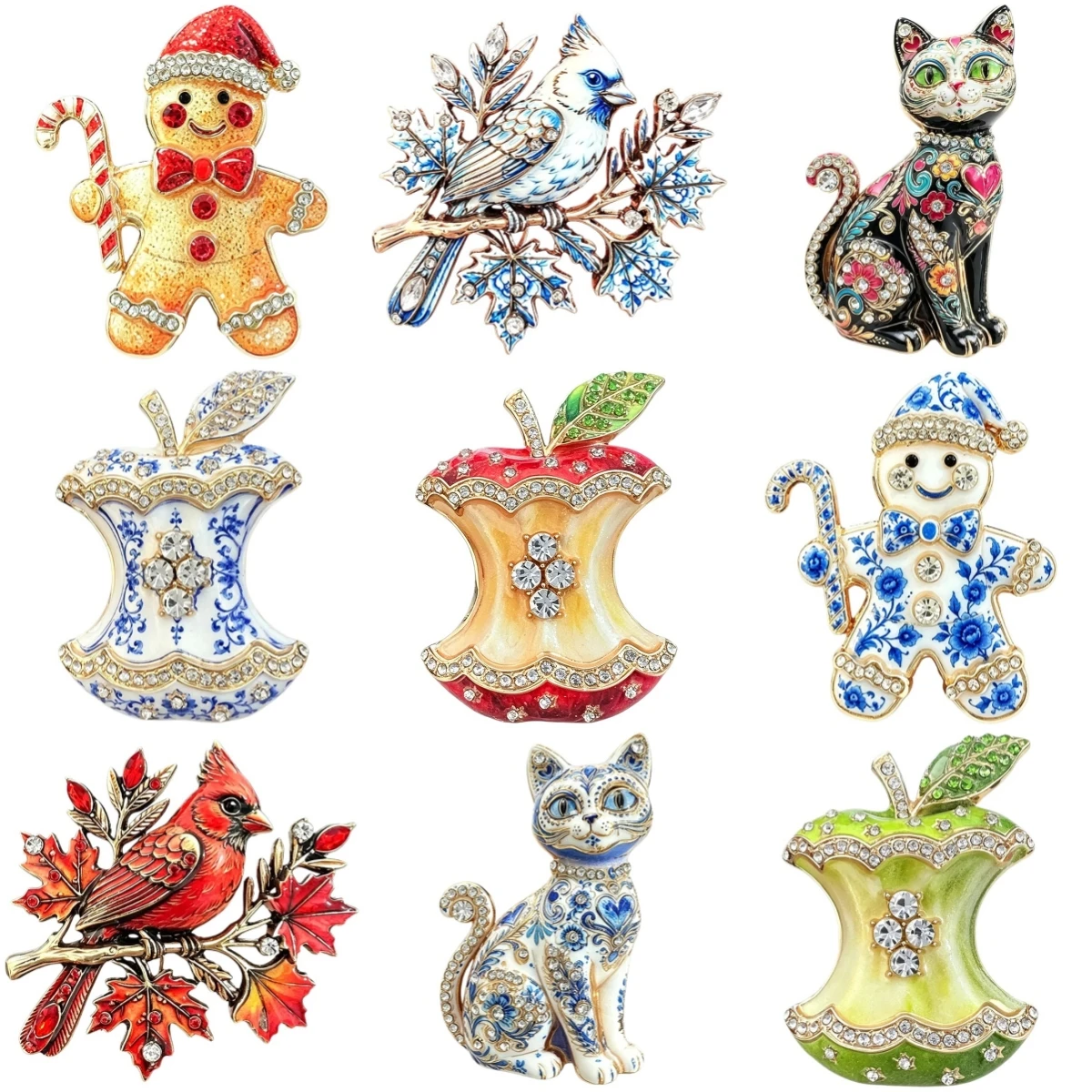 Vintage Emaille-Brosche mit Strasssteinen, Lebkuchenmann, Katze, Vogel, Apfel-Anstecker, elegantes Revers-Abzeichen, Schmuck für Mantel, Schal, Accessoires, Geschenk – Detail 6