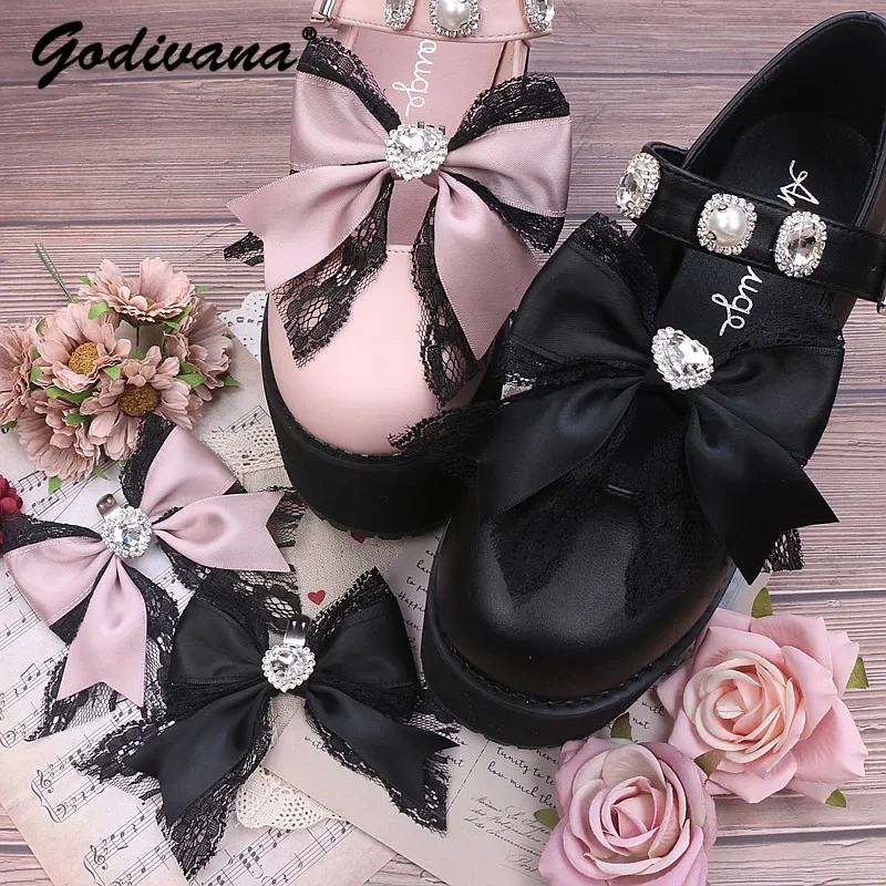 

Lolita Handmade Shoes Clip Japanese Style Sweet Heart Shape Rhinestone Big Bow Lace Shoe Clip Women's Shoe Buckle Accessories