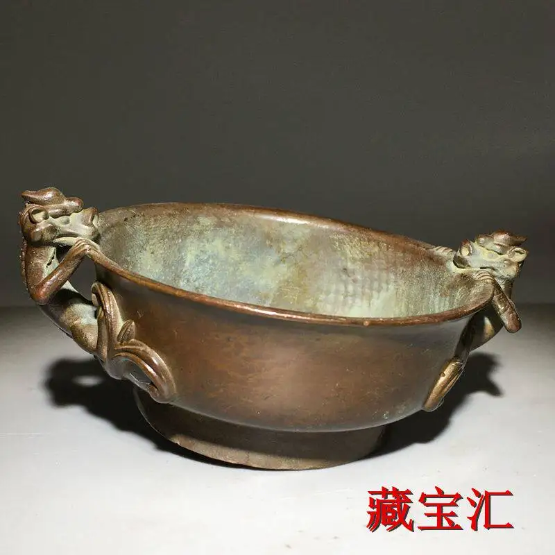 Distressed Craft Chinese Qianlong Style Pi Xiu Double Ear Copper Censer Fortune Attracting Vintage Incense Burner Decor Statue